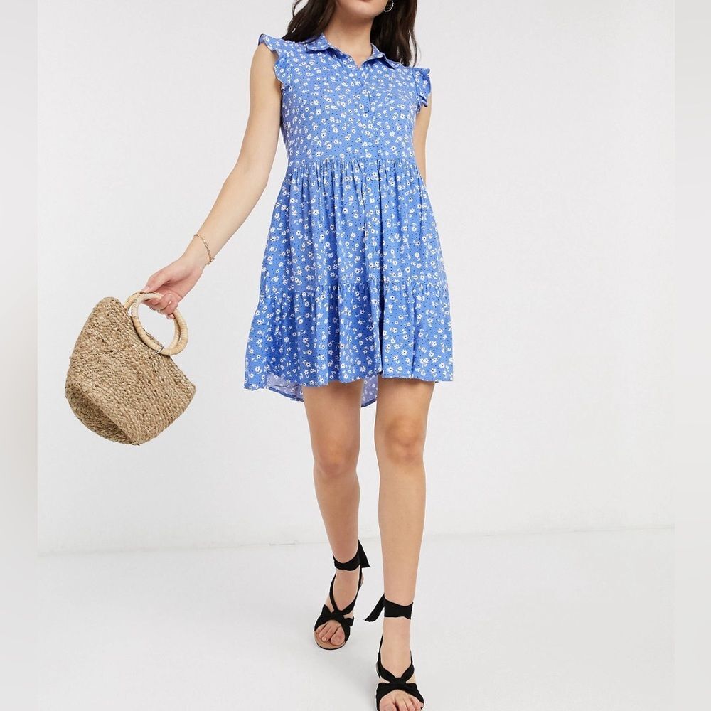 Stradivarius sleeveless shirt dress in blue floral print Sz Small Boho Ruffles
